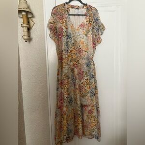Lucy Paris | Cream Floral Print Flutter Sleeve Maxi Dress – Size L (14)
